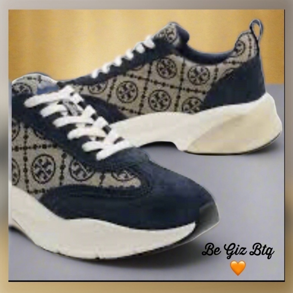 🔥🔥Authentic Tory Burch T Monogram Good Luck Sneakers M Navy Blue Monogram Size11